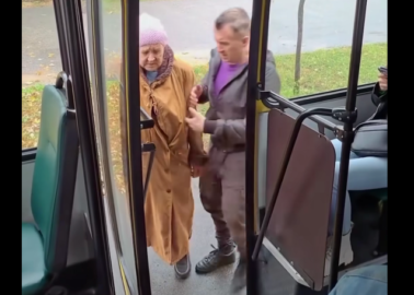 The old lady tried to get on the bus, but the passengers did not allow her. The bus driver taught a lesson to all the passengers