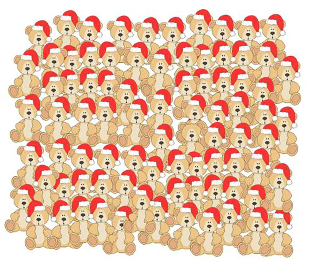 Find the teddy bear without a Santa hat in 5 seconds.