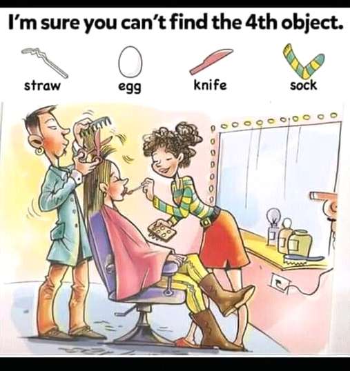 Find Straw, Egg, Knife, Sock.
