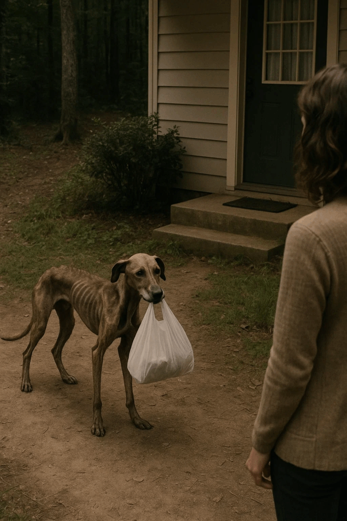 A frail dog emerged from the woods with a plastic bag in its mouth — and what lay inside left everyone speechless.