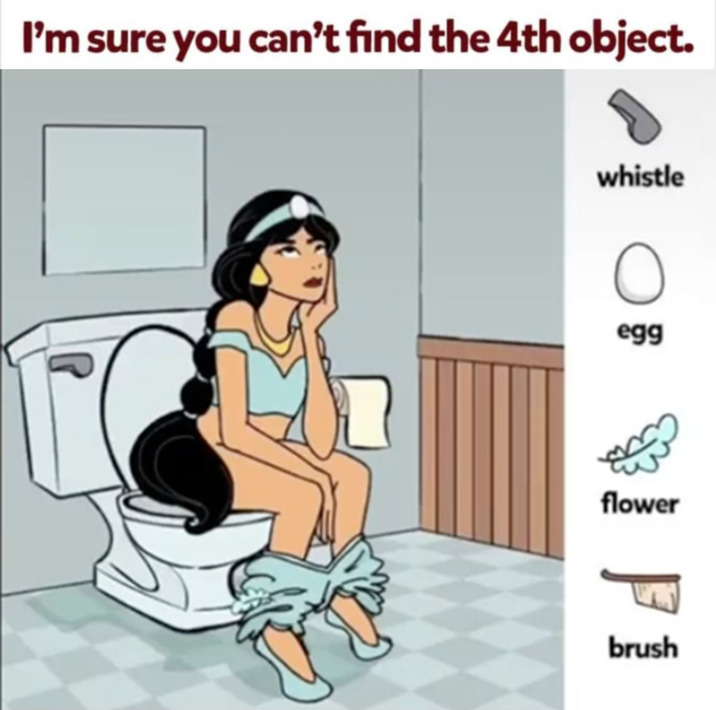 Find Brush, Egg, Flower, Whistle.