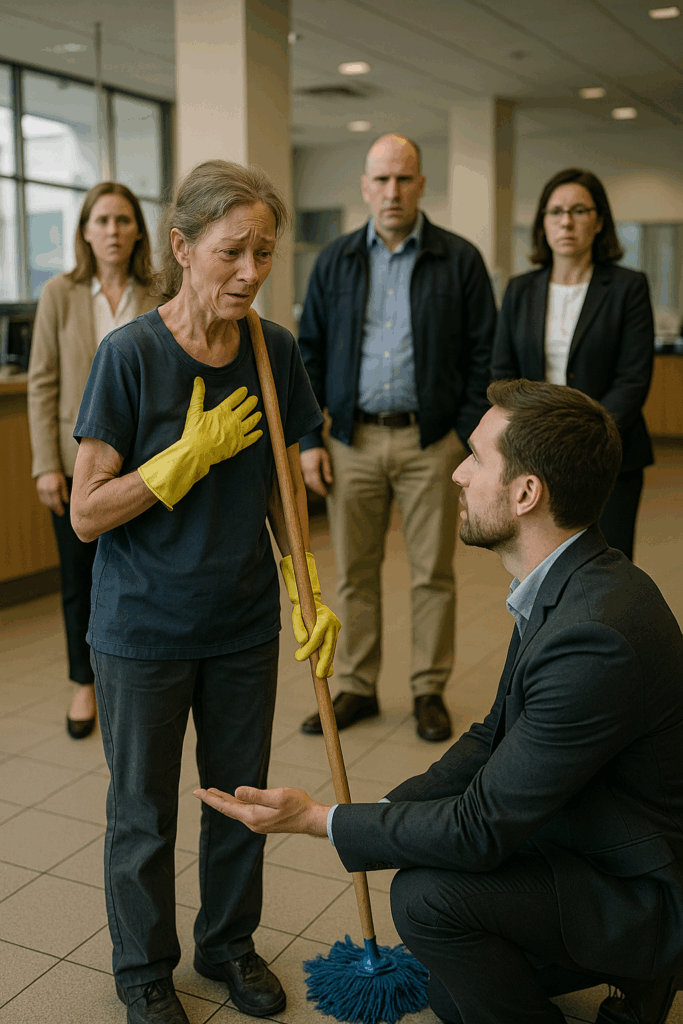 Three years of silence ended in a single, unforgettable moment — when a stranger knelt before the quiet cleaning lady in the bank.