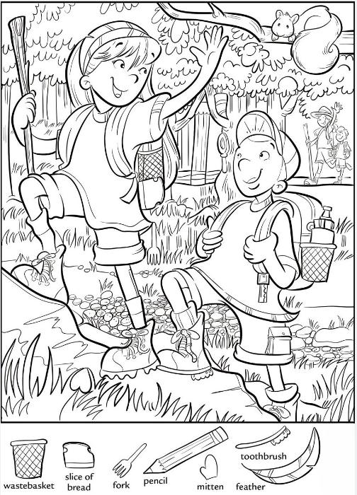 Find wasterbasket, slice of bread, fork, pencil, mitten, toothbrush and feather.